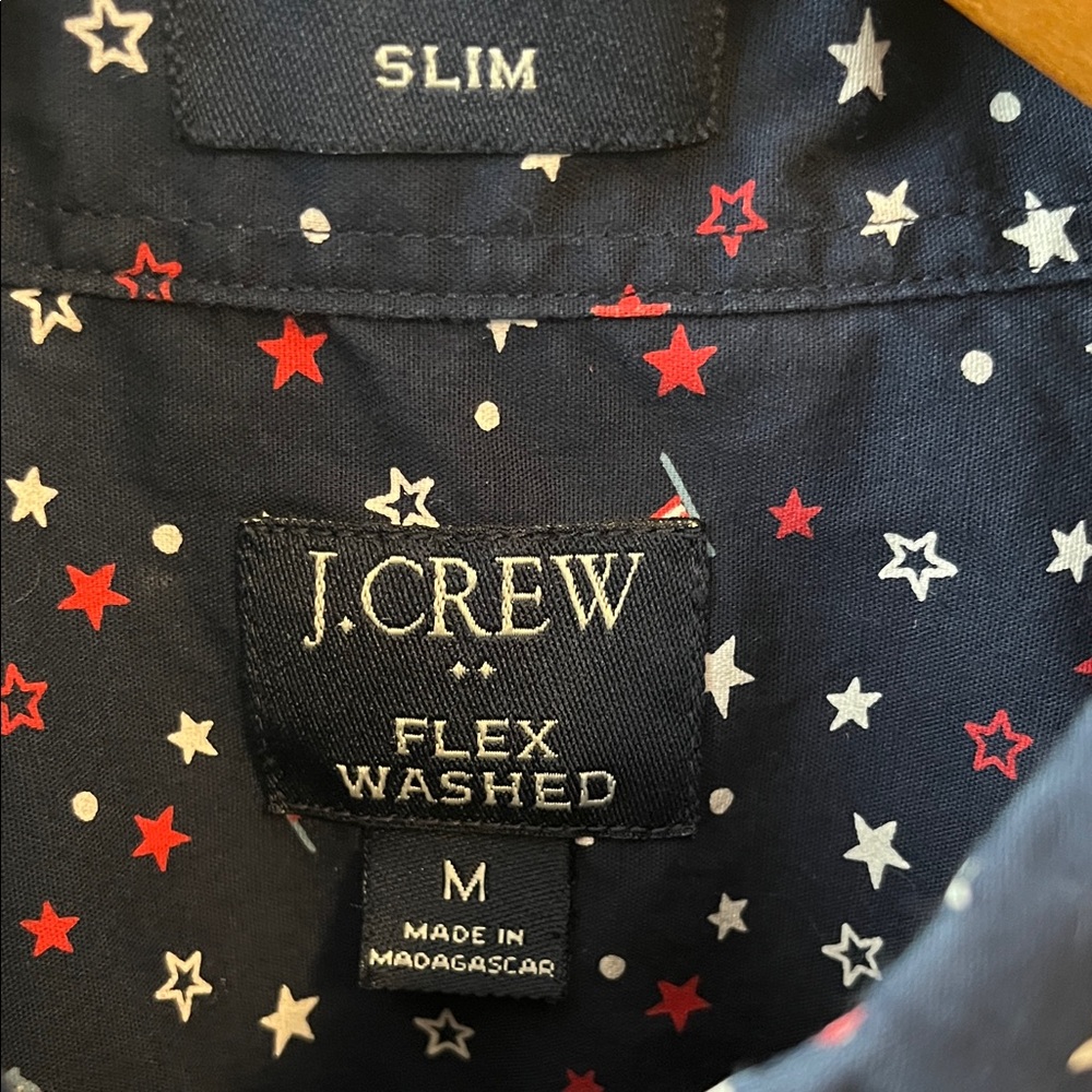 J. Crew Navy Short-Sleeve Button-Down Shirt with Multicolor Dot Flag Print